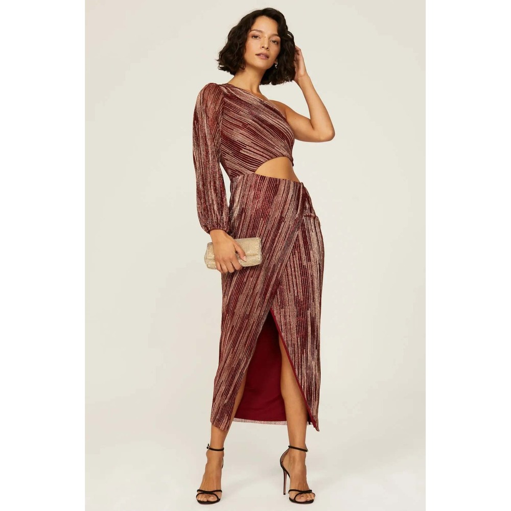 Saylor Laia Dress Red Metallic One Shoulder Cutout Midi Dress Size S